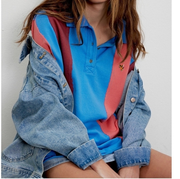 We The Free Too Cool For School Polo Shirt Oversized Blue Jay Color Block Large - Picture 2 of 12